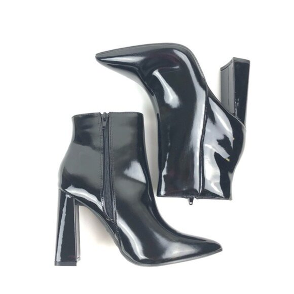 Women's Bamboo Harper Pointed Toe Faux Patent Leather Ankle Bootie Black - Picture 2 of 10